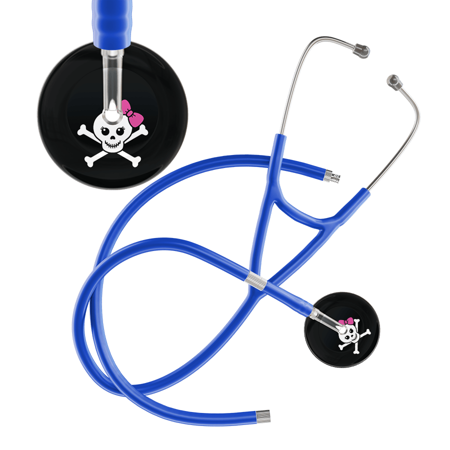 Ultrascope Single Stethoscope Hot Pink Bow Black Background / Adult / Royal Blue Extended Tubing Cute Skull Cardiology Stethoscope