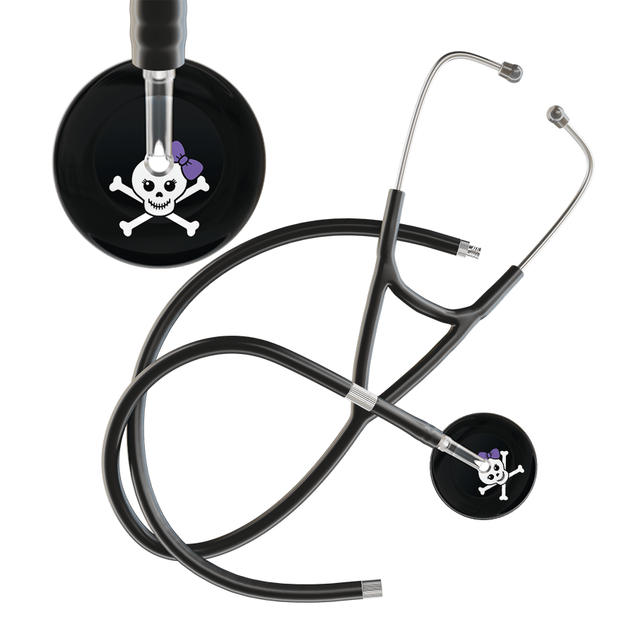 Ultrascope Single Stethoscope Lavender Bow Black Background / Adult / Black Extended Tubing Cute Skull Cardiology Stethoscope