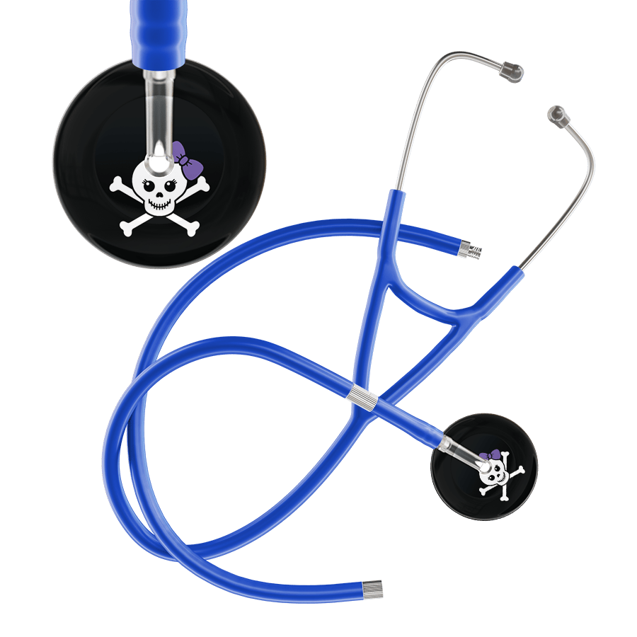 Ultrascope Single Stethoscope Lavender Bow Black Background / Adult / Royal Blue Extended Tubing Cute Skull Cardiology Stethoscope