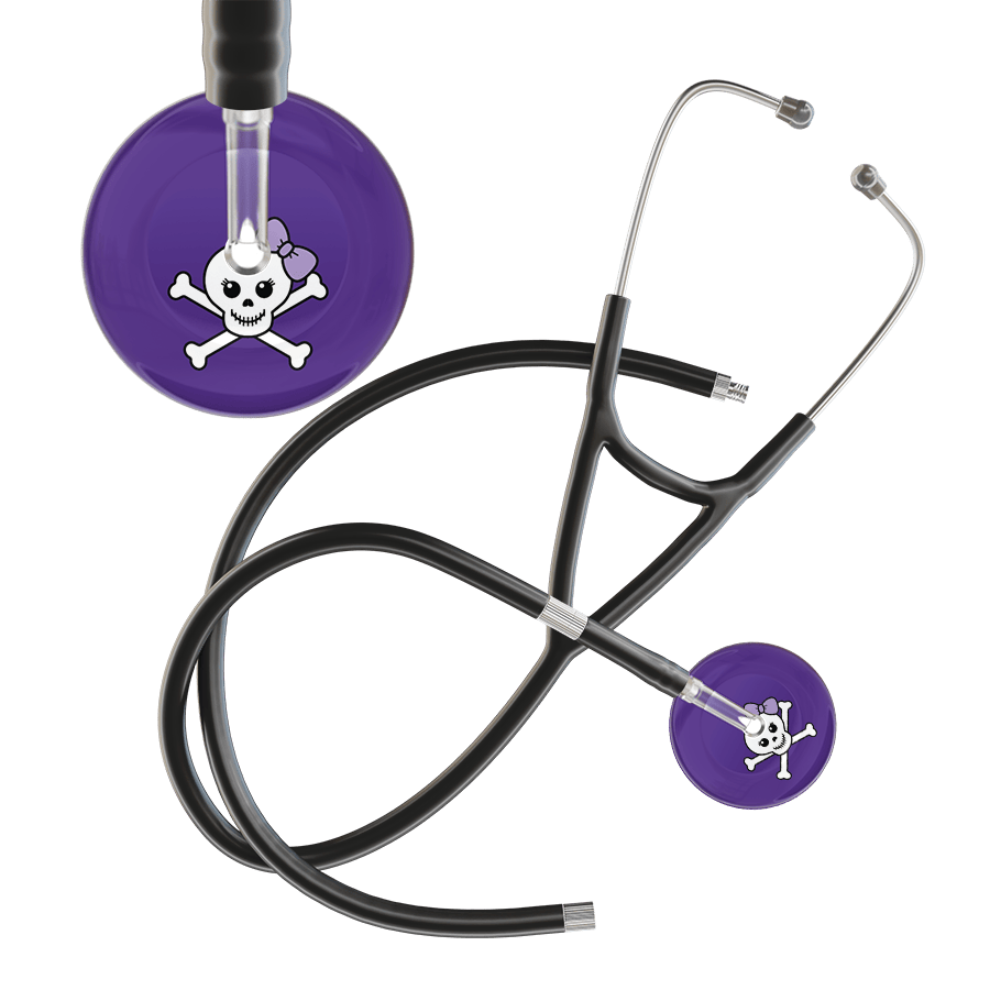Ultrascope Single Stethoscope Lilac Bow Purple Background / Adult / Black Extended Tubing Cute Skull Cardiology Stethoscope