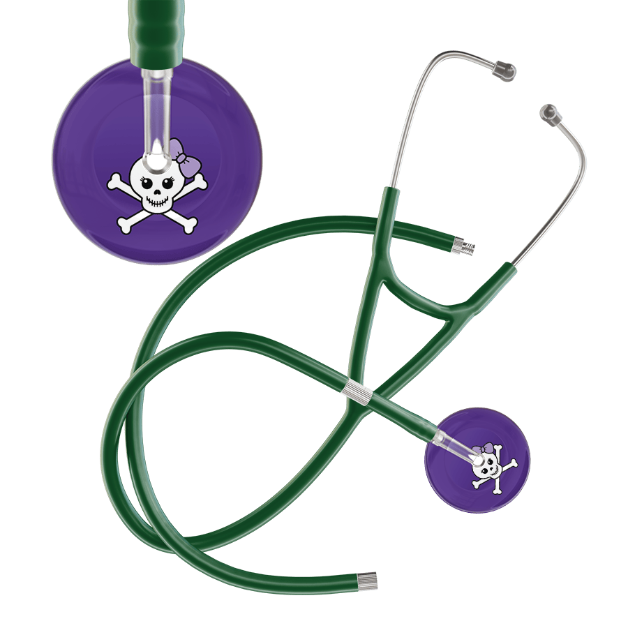 Ultrascope Single Stethoscope Lilac Bow Purple Background / Adult / Dark Green Extended Tubing Cute Skull Cardiology Stethoscope