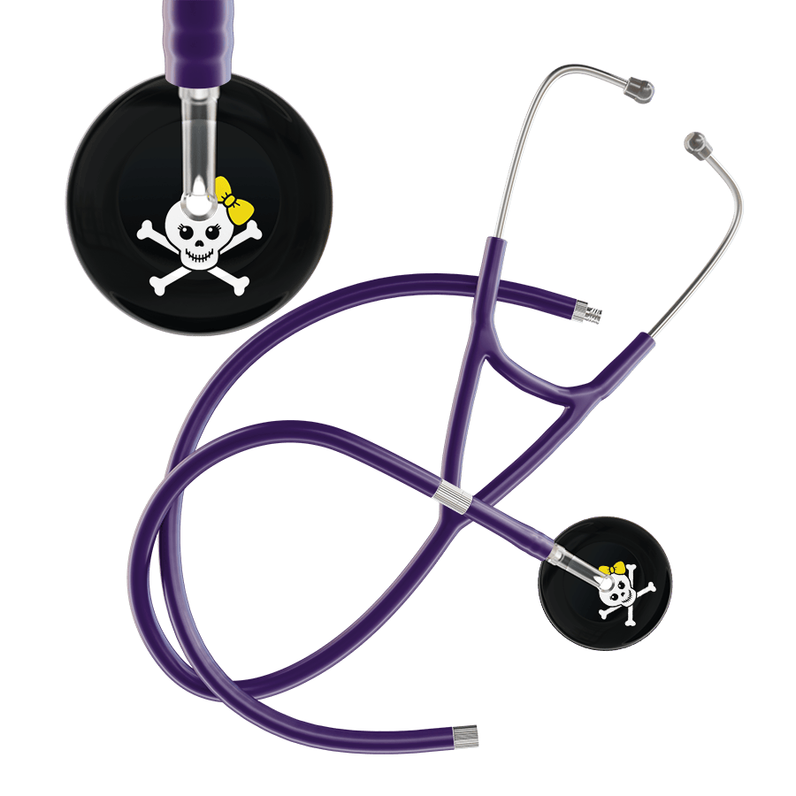 Ultrascope Single Stethoscope Yellow Bow Black Background / Adult / Purple Extended Tubing Cute Skull Cardiology Stethoscope