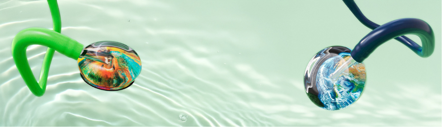 Two stethoscopes with reflective surfaces showing a landscape and water droplet on a light green background.